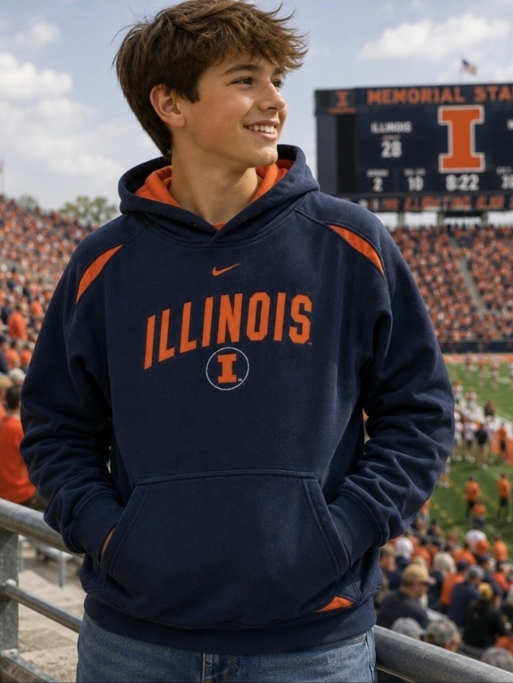 Nike Illinois Fighting Illini Hoodie Youth Large Navy Orange Pullover